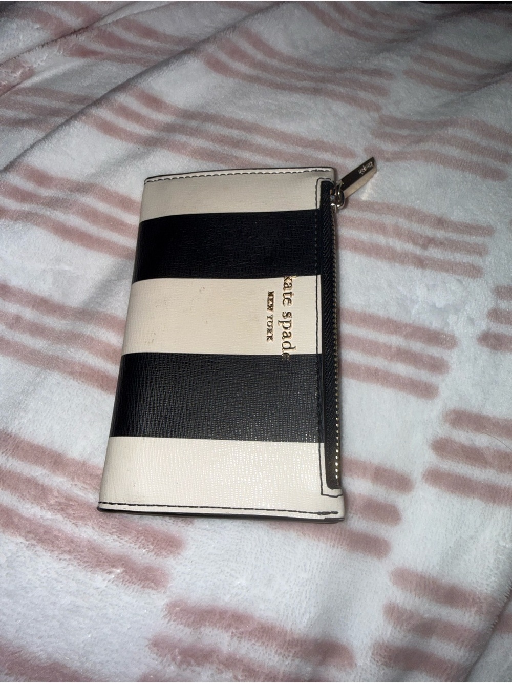 kate spade Black and White Striped Zip Card Wallet